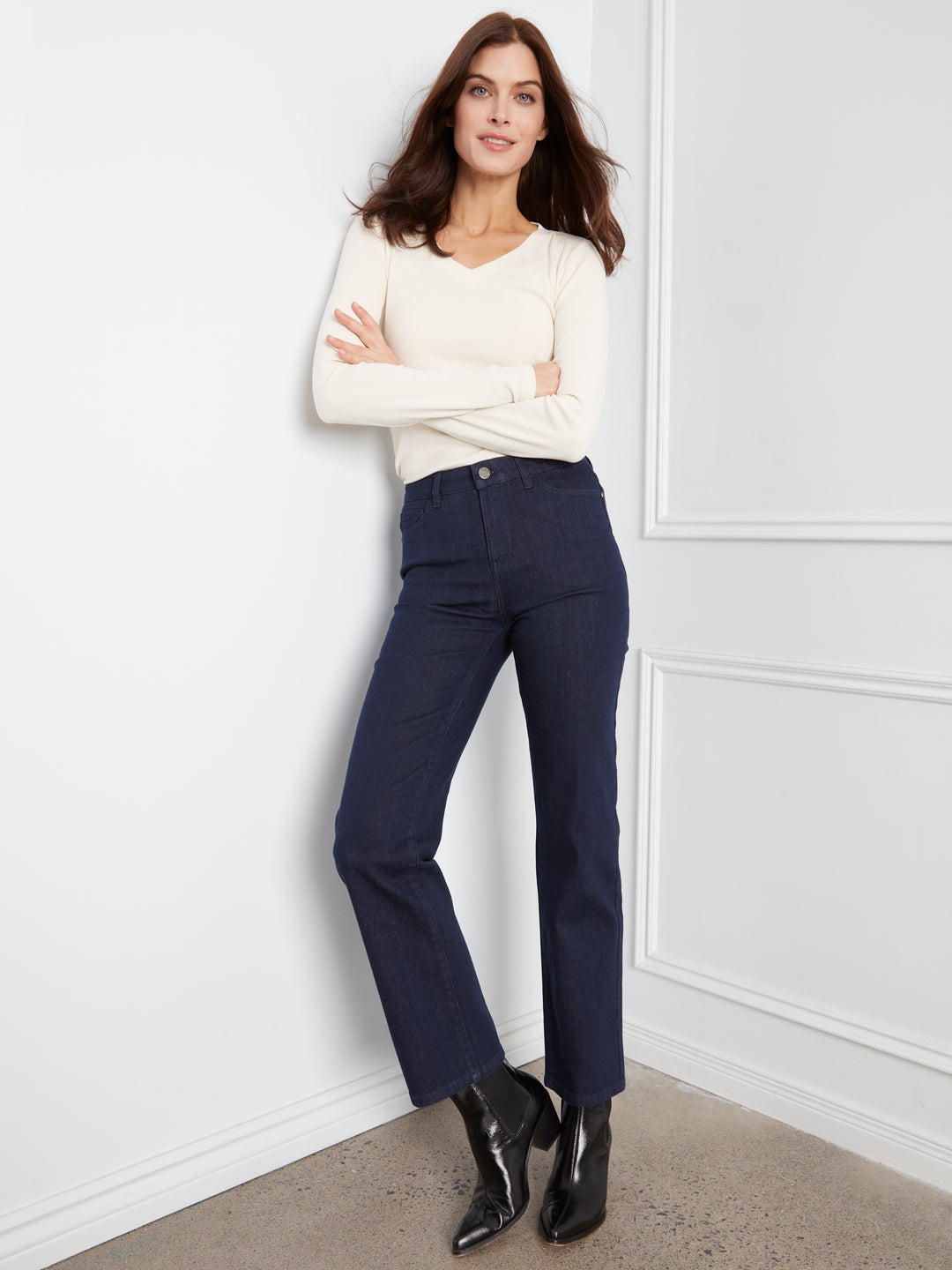 Straight Leg Stretch Denim Pants With Elastic Inside Waist