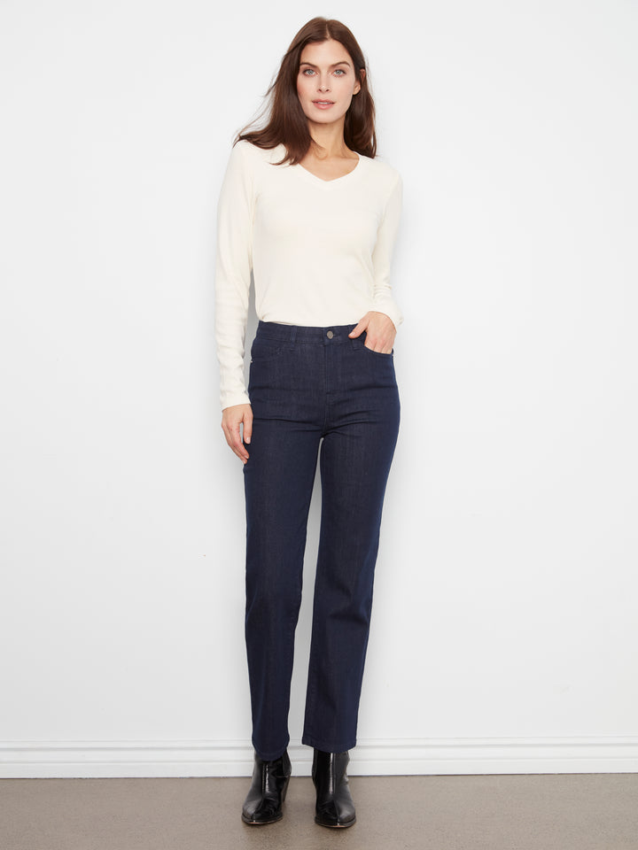 Straight Leg Stretch Denim Pants With Elastic Inside Waist