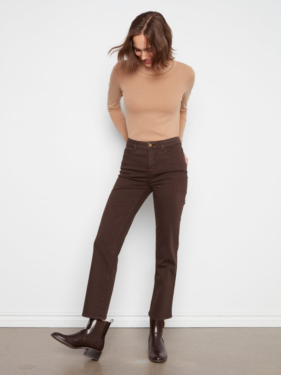 Straight Leg Colored Twill Pants With Elastic Inside Waist