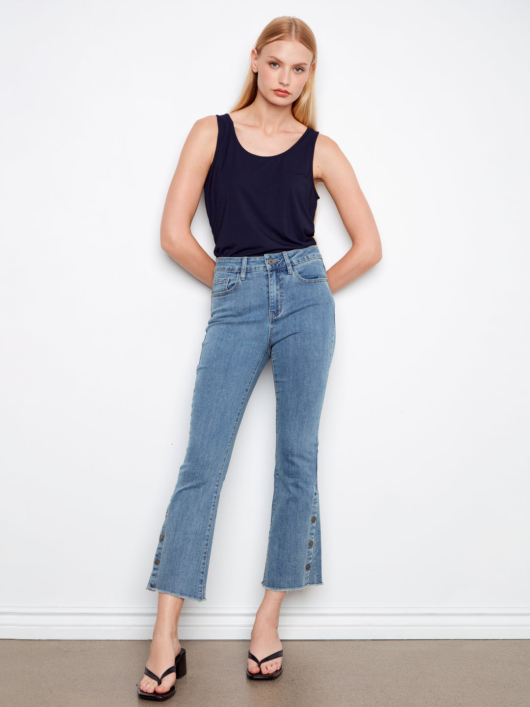 Stretch Denim Bootcut Leg Pants With Side Snaps At Hem