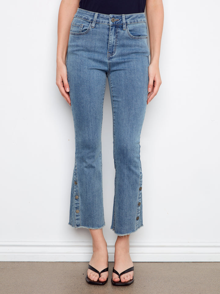 Stretch Denim Bootcut Leg Pants With Side Snaps At Hem