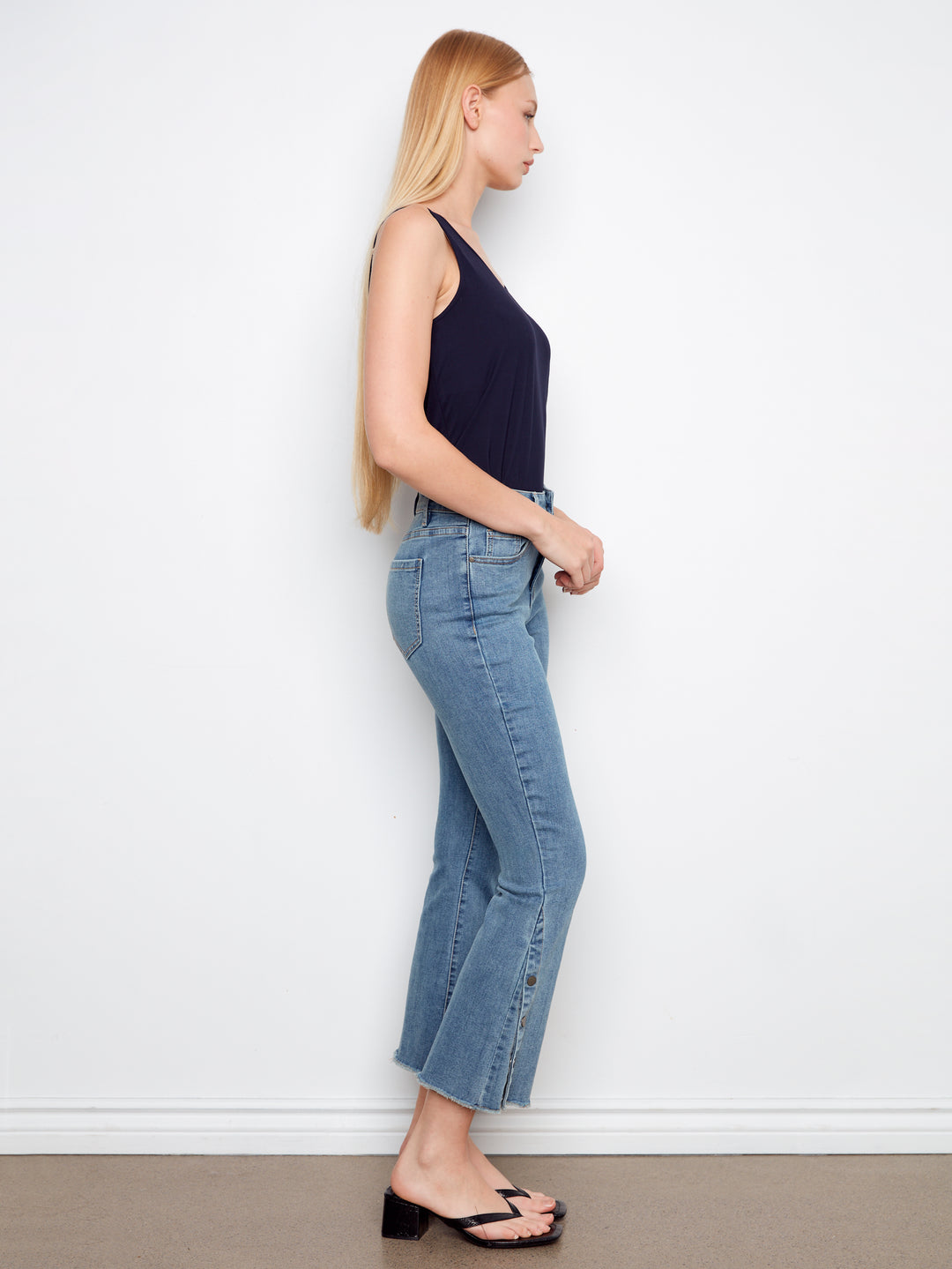 Stretch Denim Bootcut Leg Pants With Side Snaps At Hem