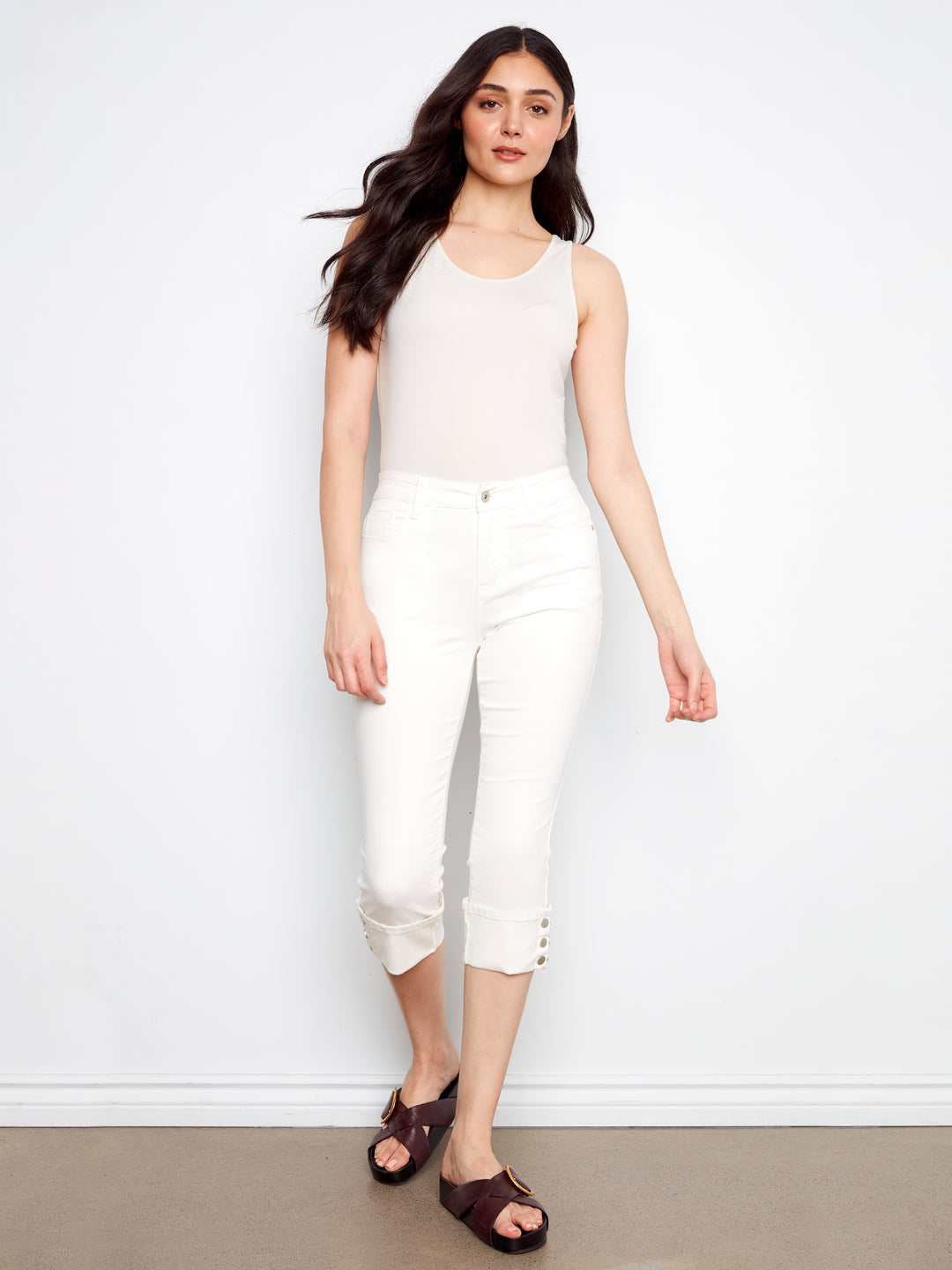 Colored Twill Narrow Leg Pants With Cuff Snap Detail Hem
