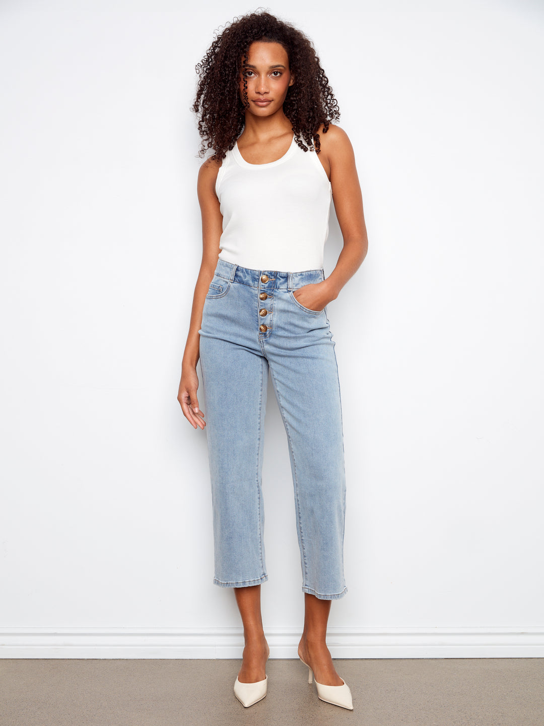 Button Fly Stretch Denim Straight Leg Pants