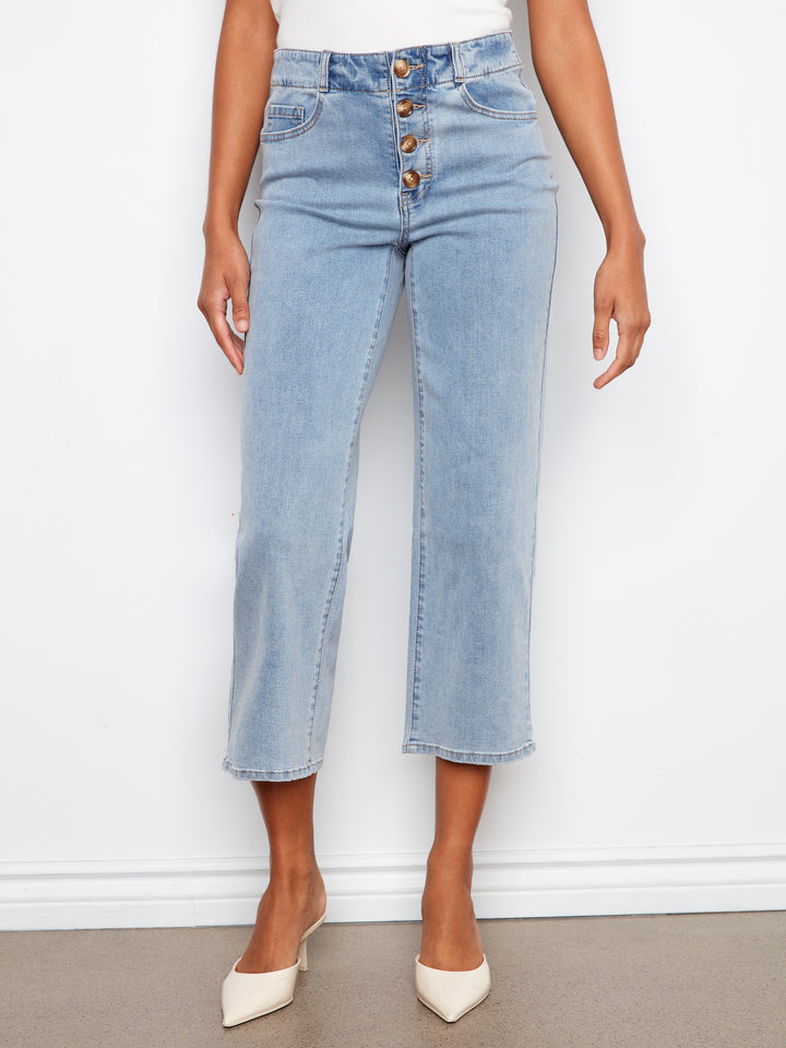 Button Fly Stretch Denim Straight Leg Pants