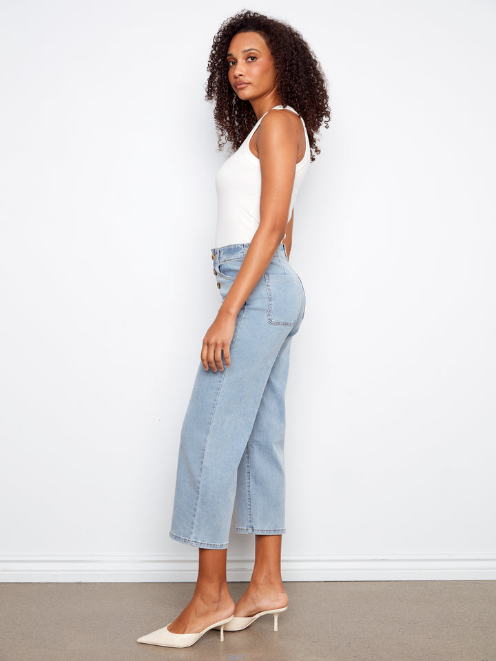 Button Fly Stretch Denim Straight Leg Pants