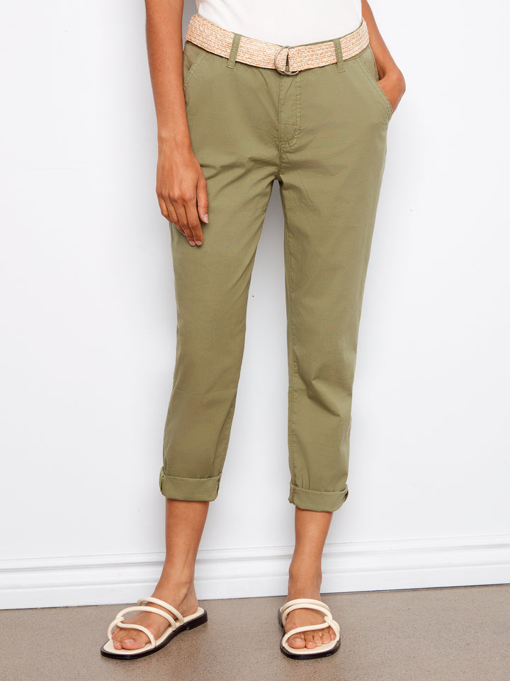 Stretch Twill Narrow Leg Pants With Belt