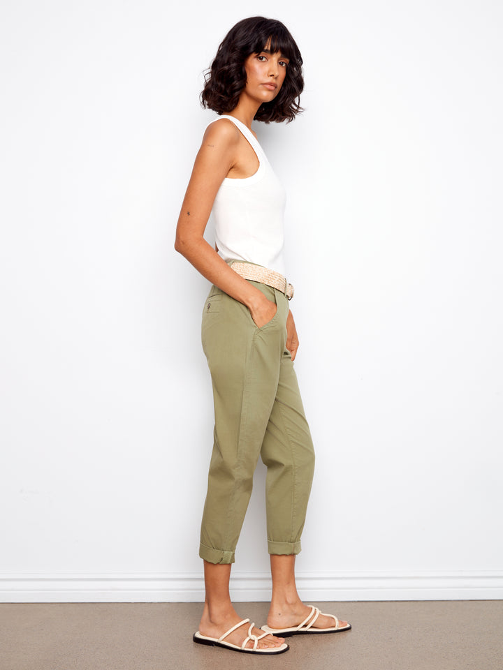 Stretch Twill Narrow Leg Pants With Belt