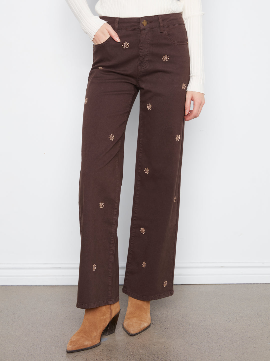 Wide Leg Colored Twill Pants With All Over Front Embroidery