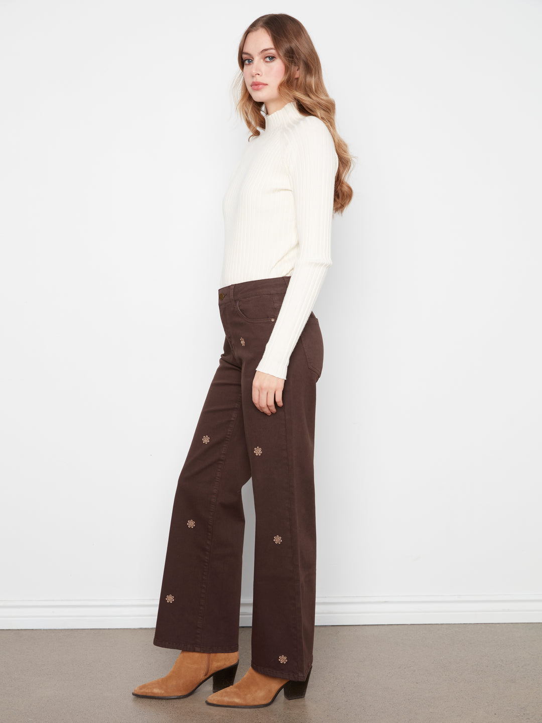 Wide Leg Colored Twill Pants With All Over Front Embroidery