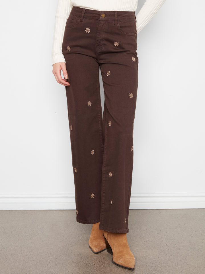 Wide Leg Colored Twill Pants With All Over Front Embroidery