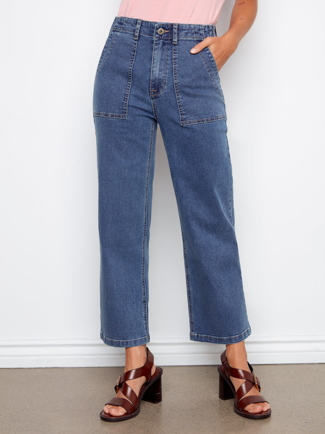 Smooth Denim Straight Leg Pants With Patch Pockets