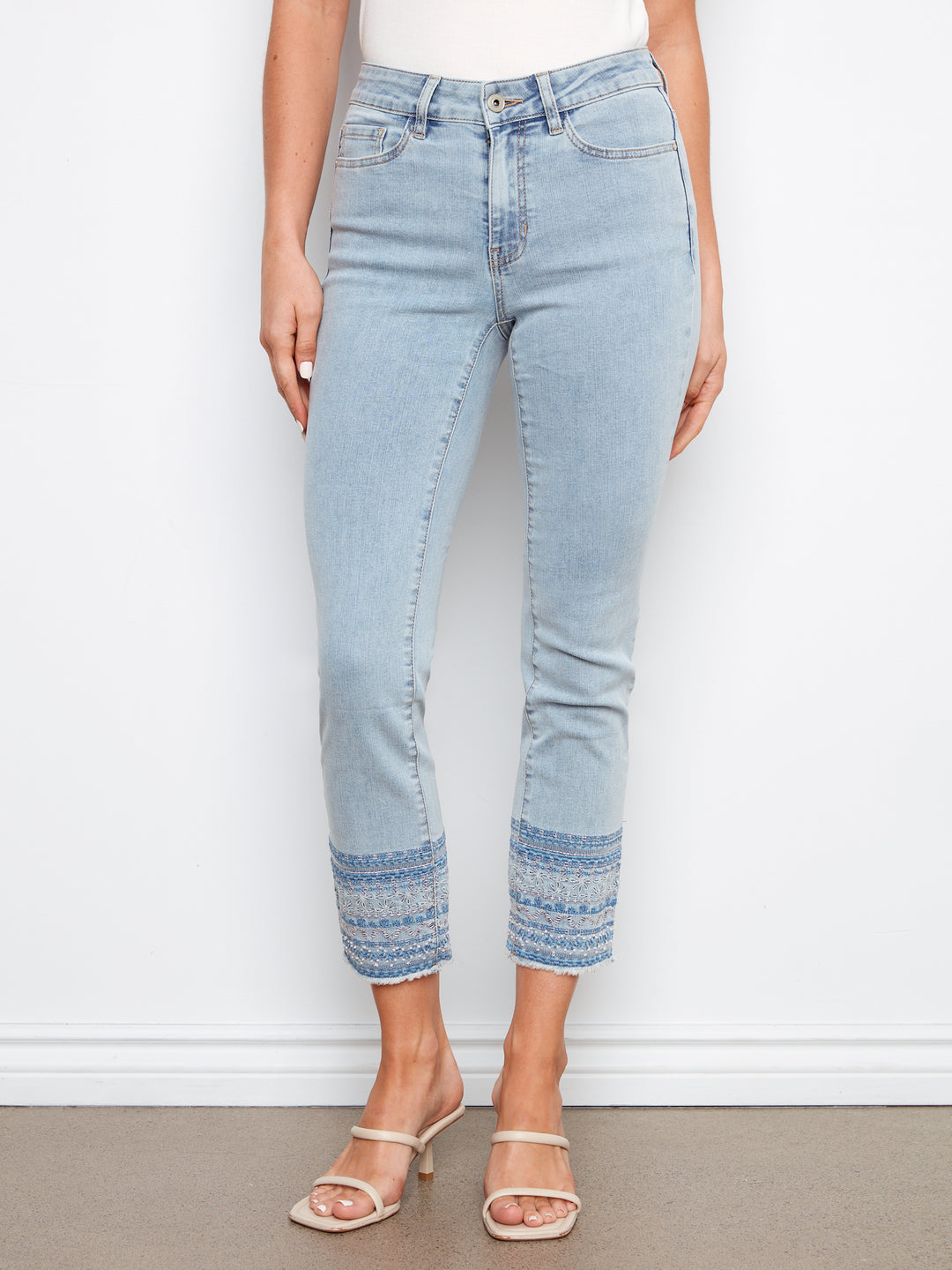 Stretch Denim Slim Pants With Hem Embroidery