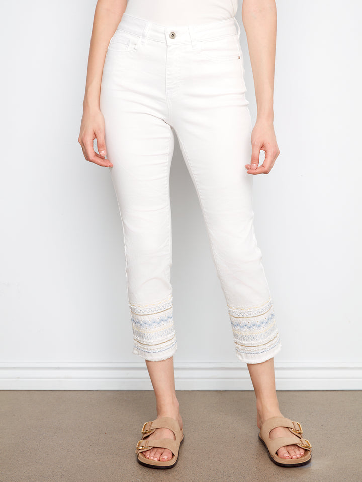 Ring Spun Denim Slim Pants With Hem Embroidery