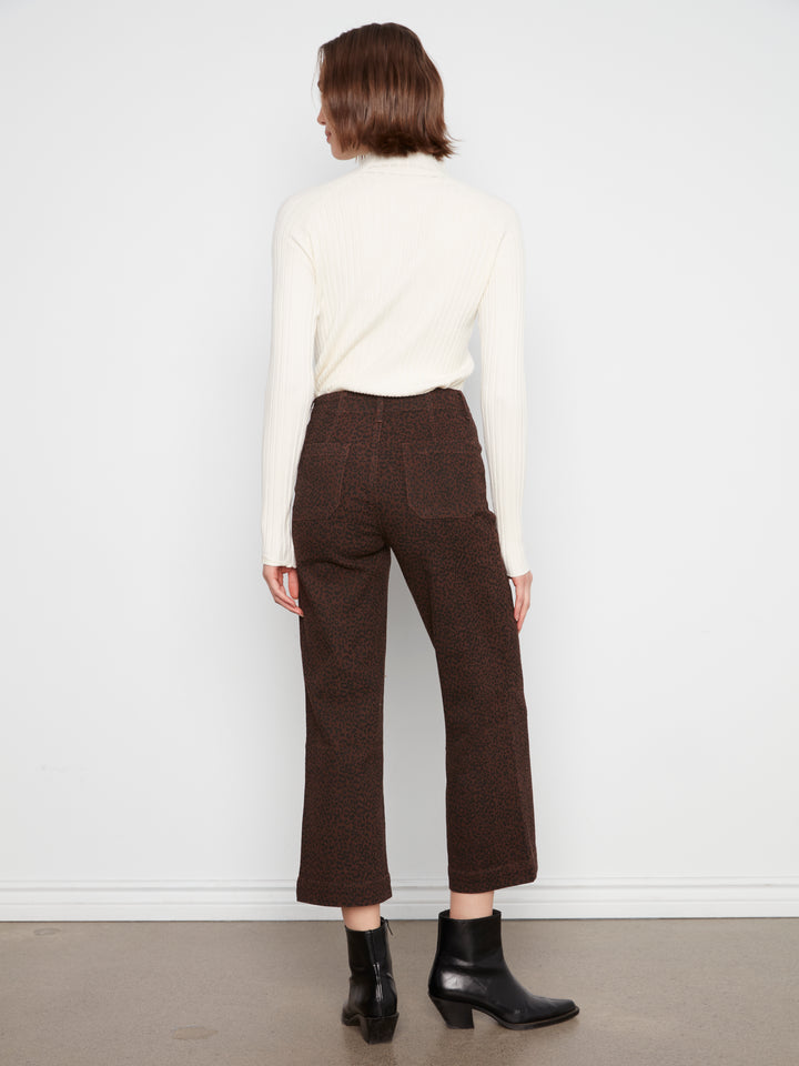 Printed Cropped Wide Leg Twill Pants With Patch Pockets