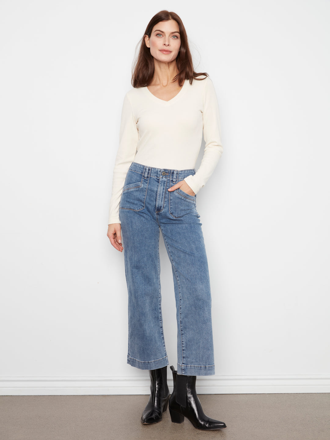 Cropped Wide Leg Stretch Denim Pants With Patch Pockets