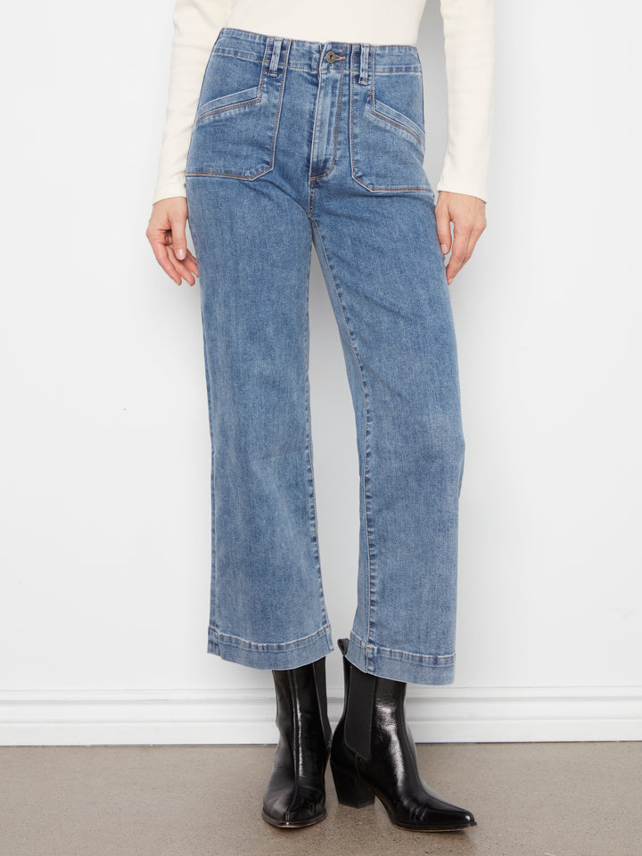 Cropped Wide Leg Stretch Denim Pants With Patch Pockets