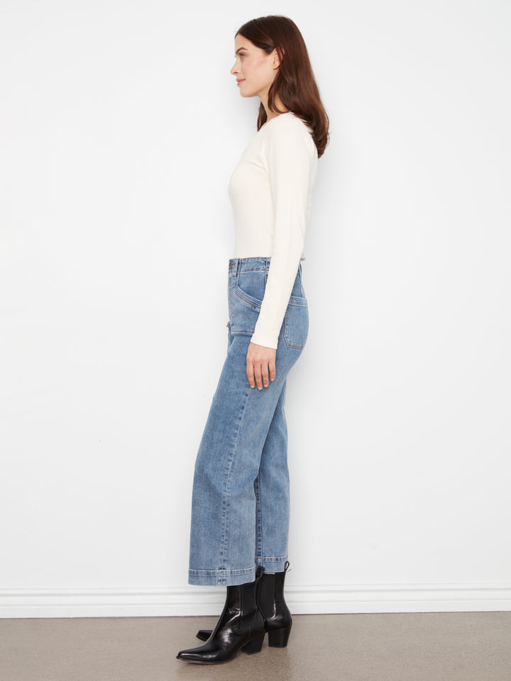 Cropped Wide Leg Stretch Denim Pants With Patch Pockets