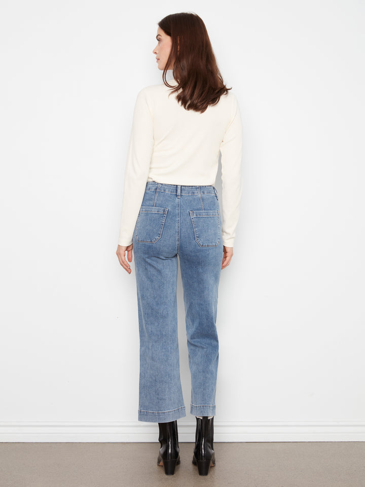Cropped Wide Leg Stretch Denim Pants With Patch Pockets