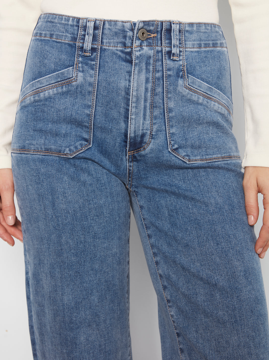 Cropped Wide Leg Stretch Denim Pants With Patch Pockets