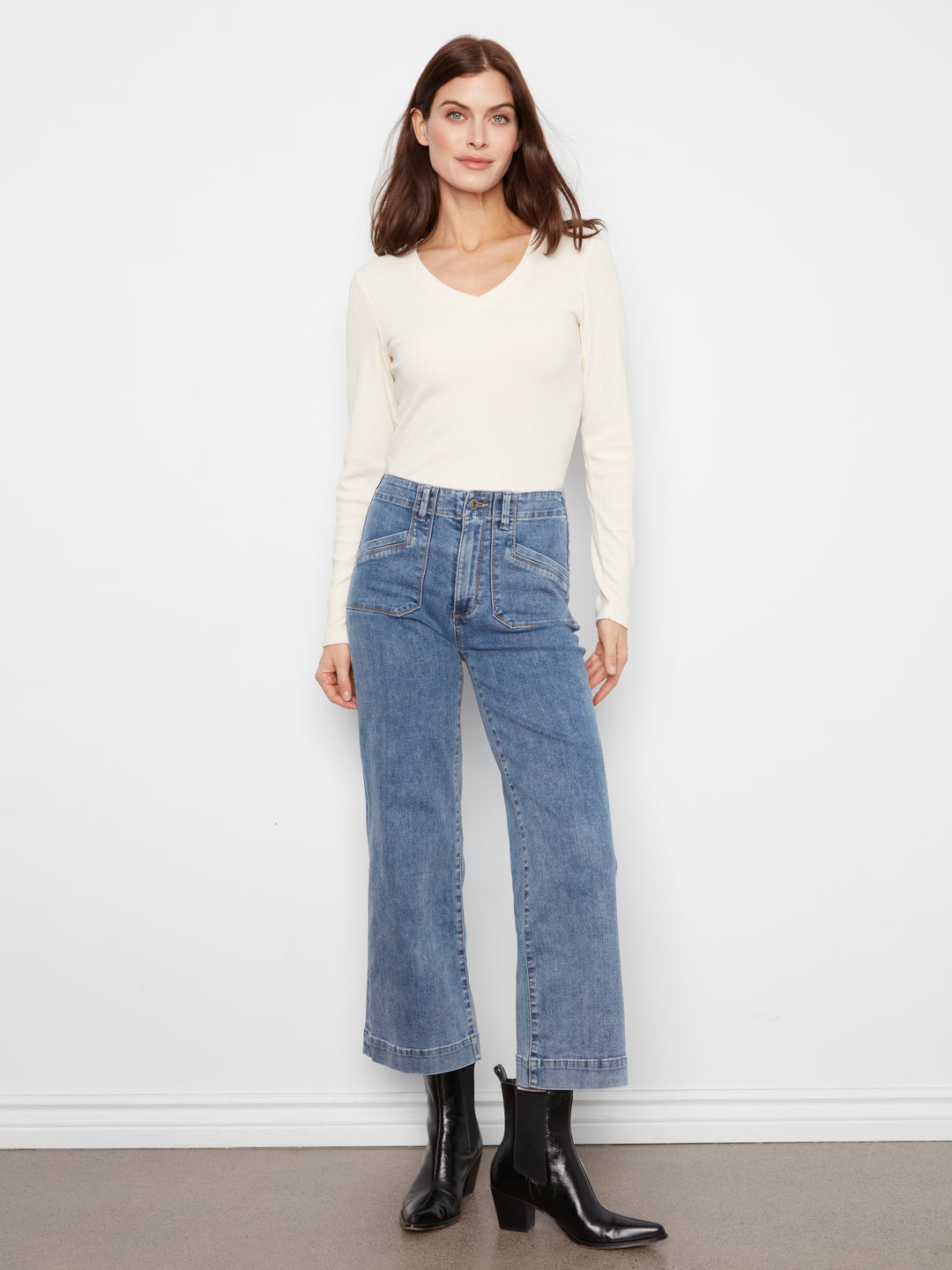 Cropped Wide Leg Stretch Denim Pants With Patch Pockets