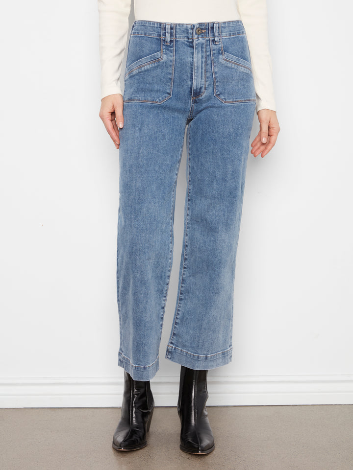 Cropped Wide Leg Stretch Denim Pants With Patch Pockets