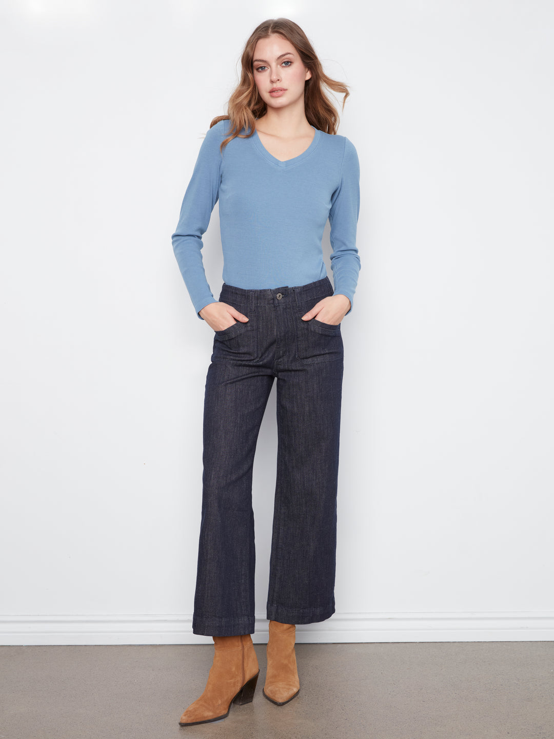 Cropped Wide Leg Stretch Denim Pants With Patch Pockets