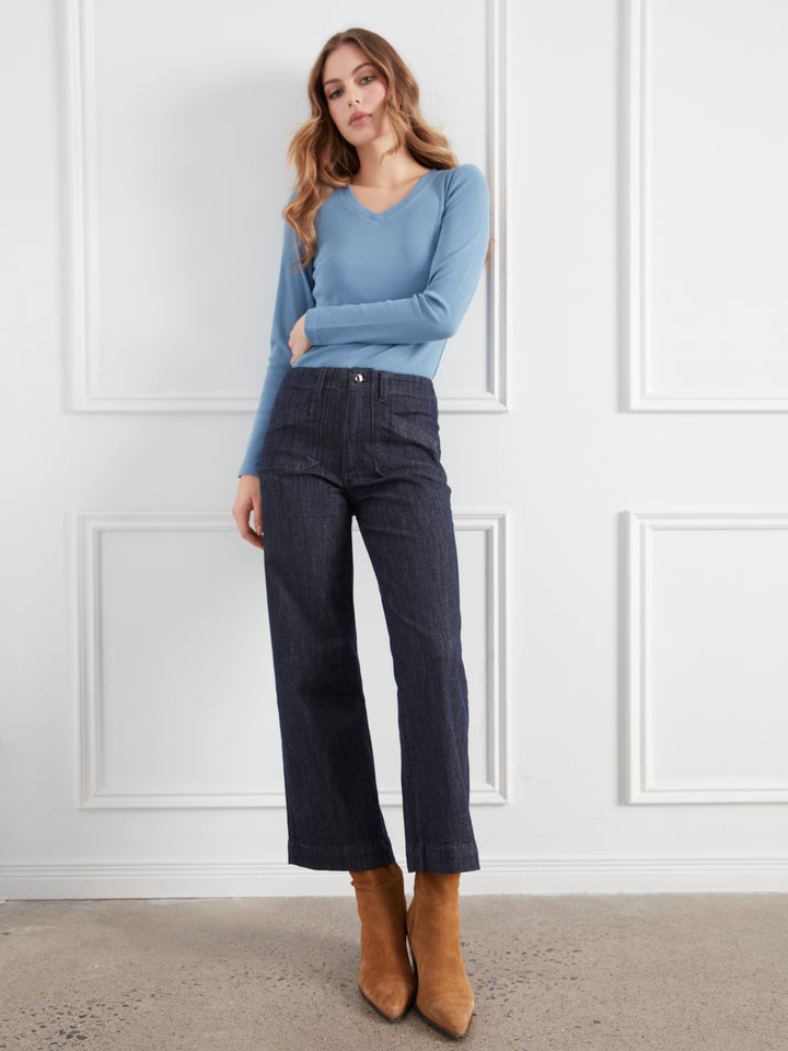Cropped Wide Leg Stretch Denim Pants With Patch Pockets