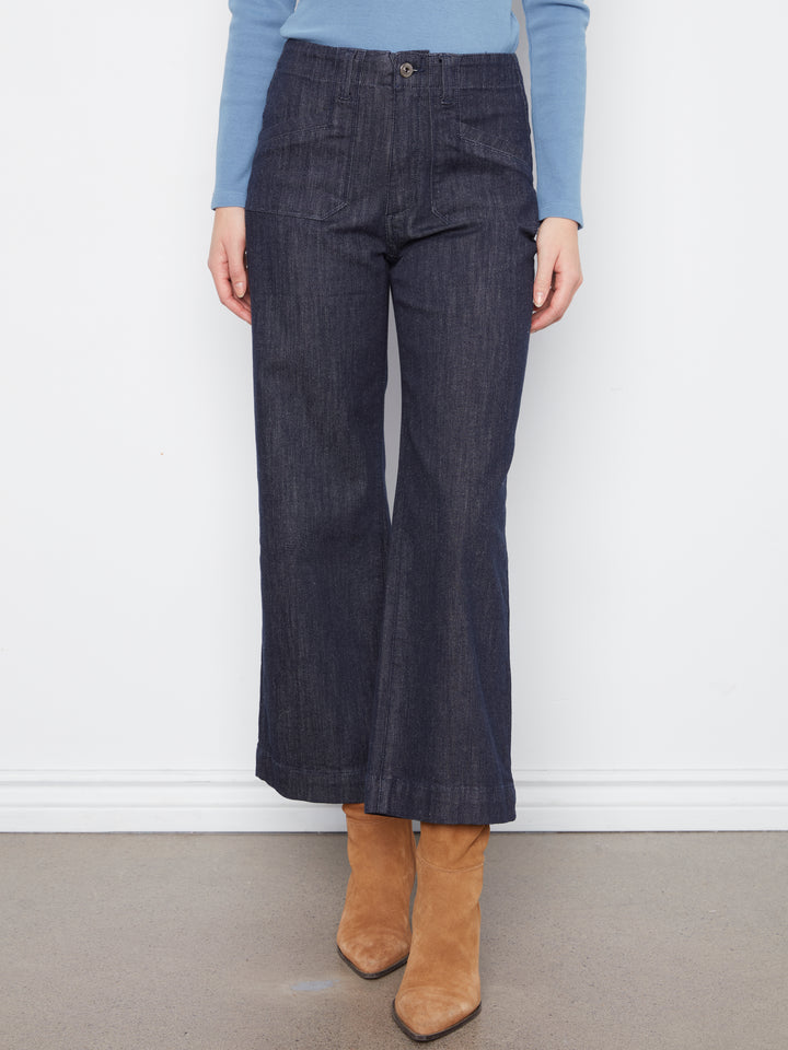 Cropped Wide Leg Stretch Denim Pants With Patch Pockets