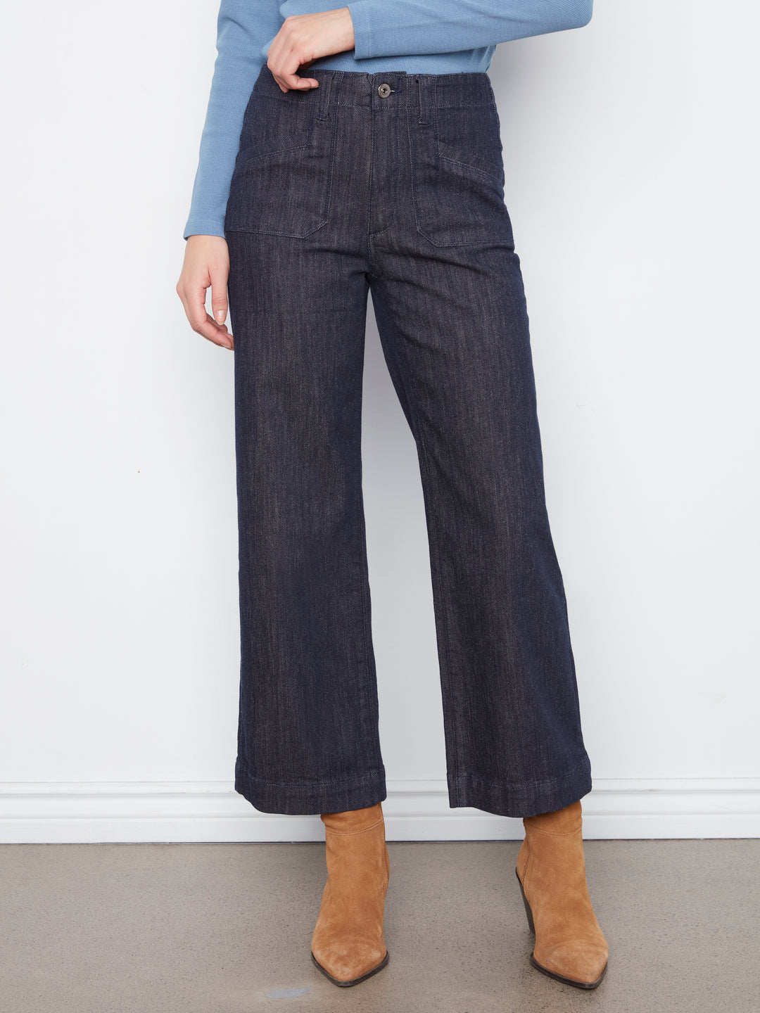 Cropped Wide Leg Stretch Denim Pants With Patch Pockets
