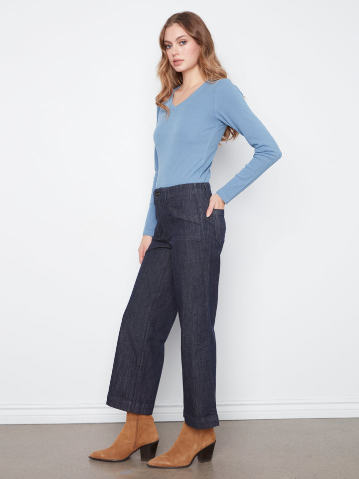 Cropped Wide Leg Stretch Denim Pants With Patch Pockets