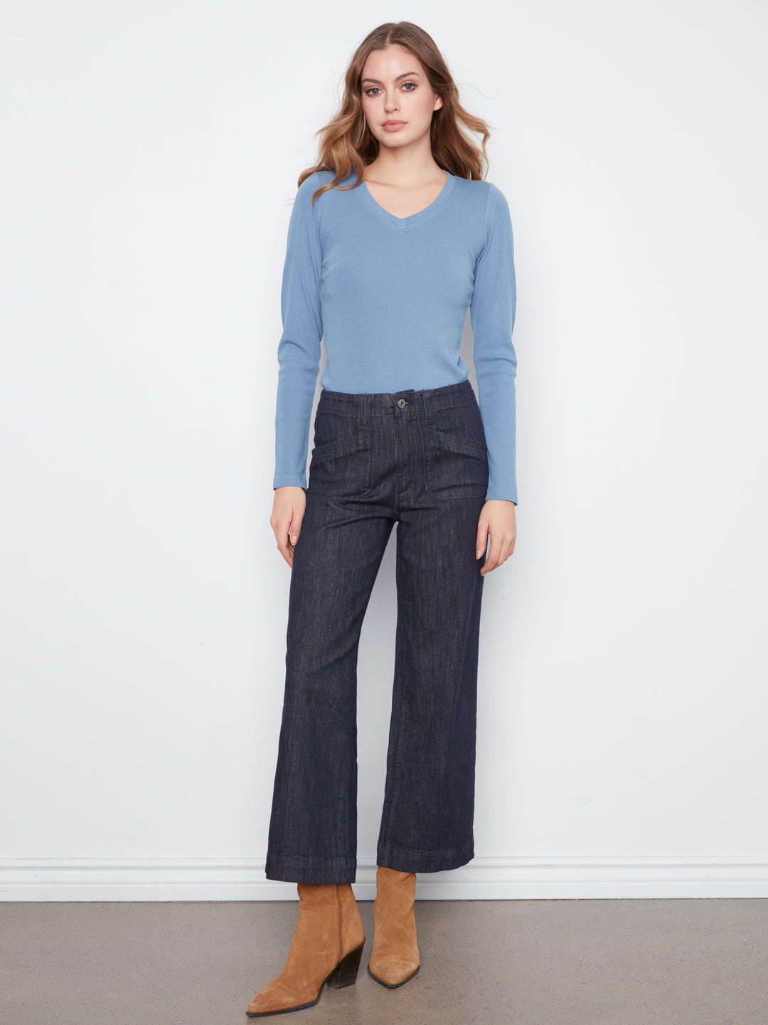 Cropped Wide Leg Stretch Denim Pants With Patch Pockets