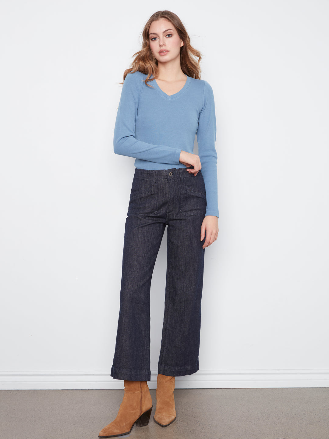Cropped Wide Leg Stretch Denim Pants With Patch Pockets