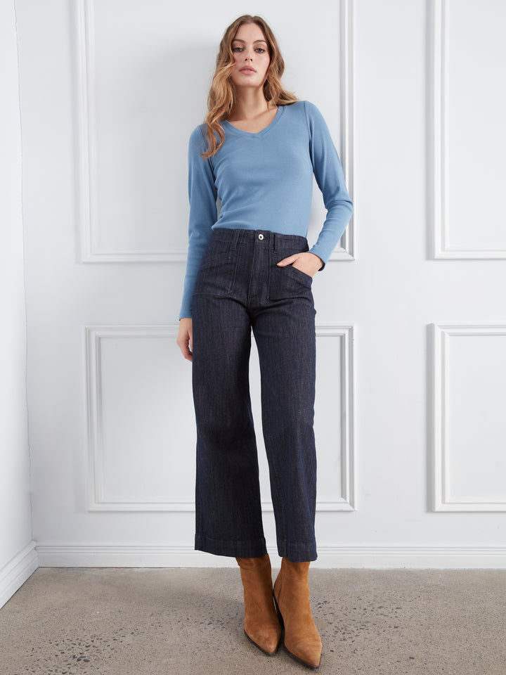 Cropped Wide Leg Stretch Denim Pants With Patch Pockets