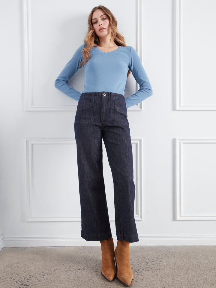 Cropped Wide Leg Stretch Denim Pants With Patch Pockets