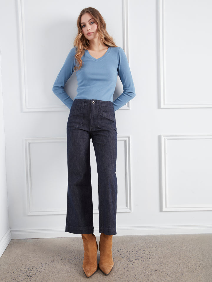 Cropped Wide Leg Stretch Denim Pants With Patch Pockets