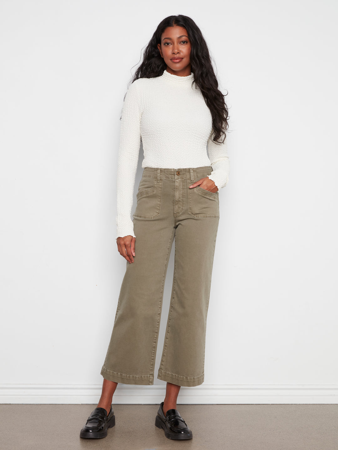 Cropped Wide Leg Colored Twill Pants With Patch Pockets