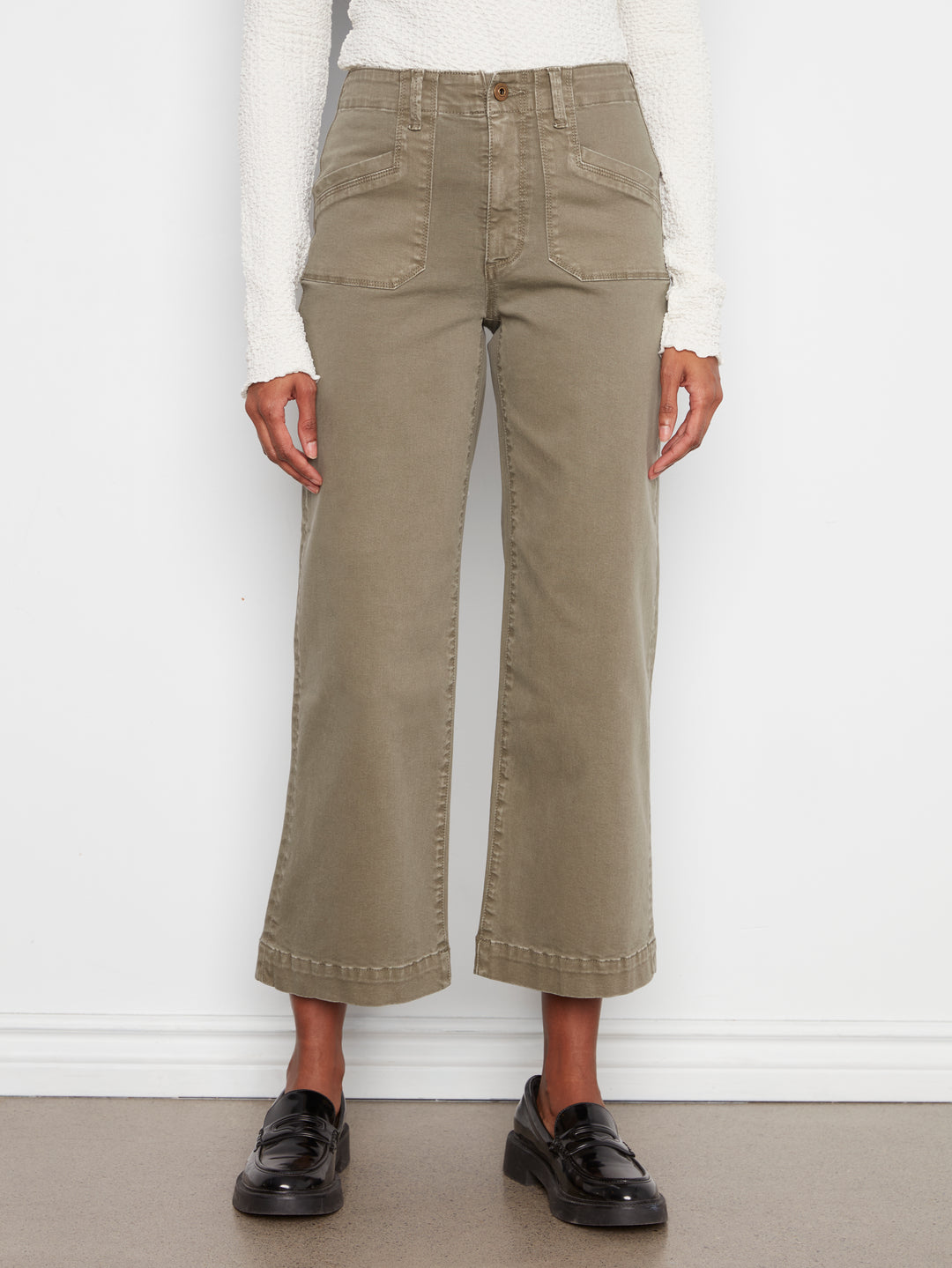 Cropped Wide Leg Colored Twill Pants With Patch Pockets