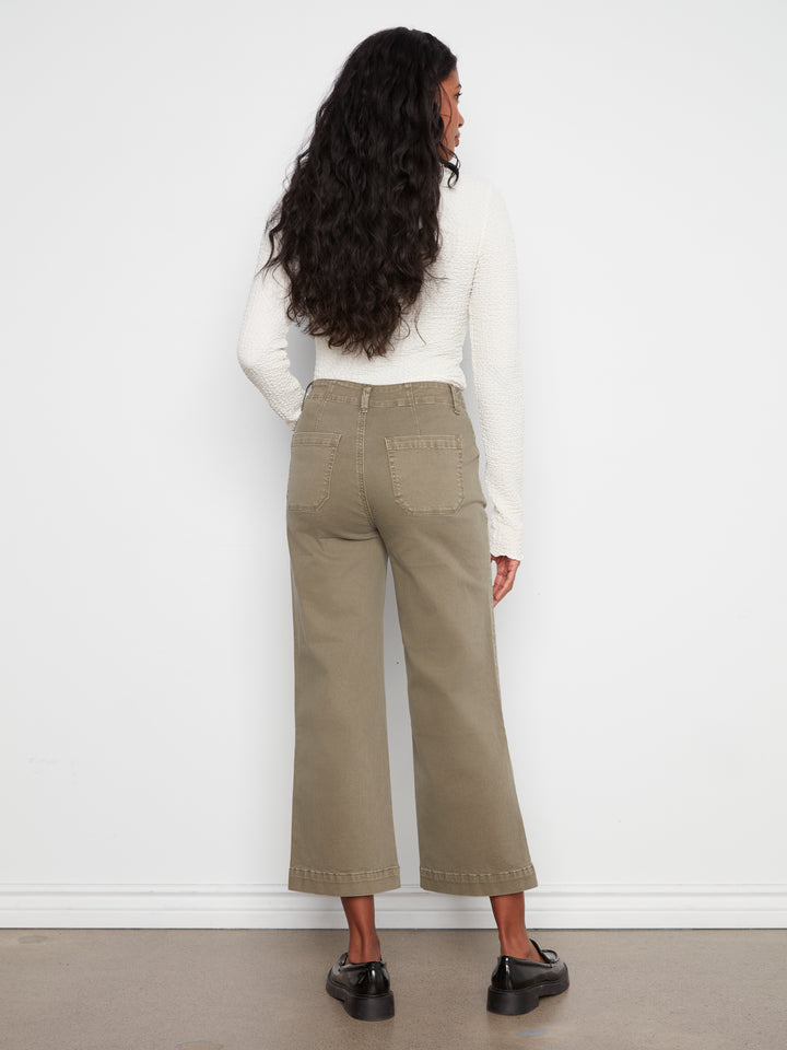 Cropped Wide Leg Colored Twill Pants With Patch Pockets