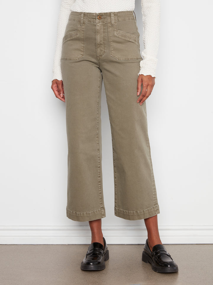 Cropped Wide Leg Colored Twill Pants With Patch Pockets