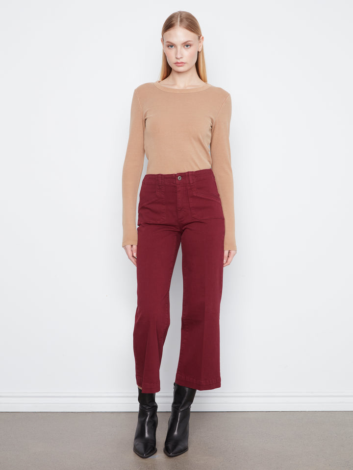 Cropped Wide Leg Colored Twill Pants With Patch Pockets