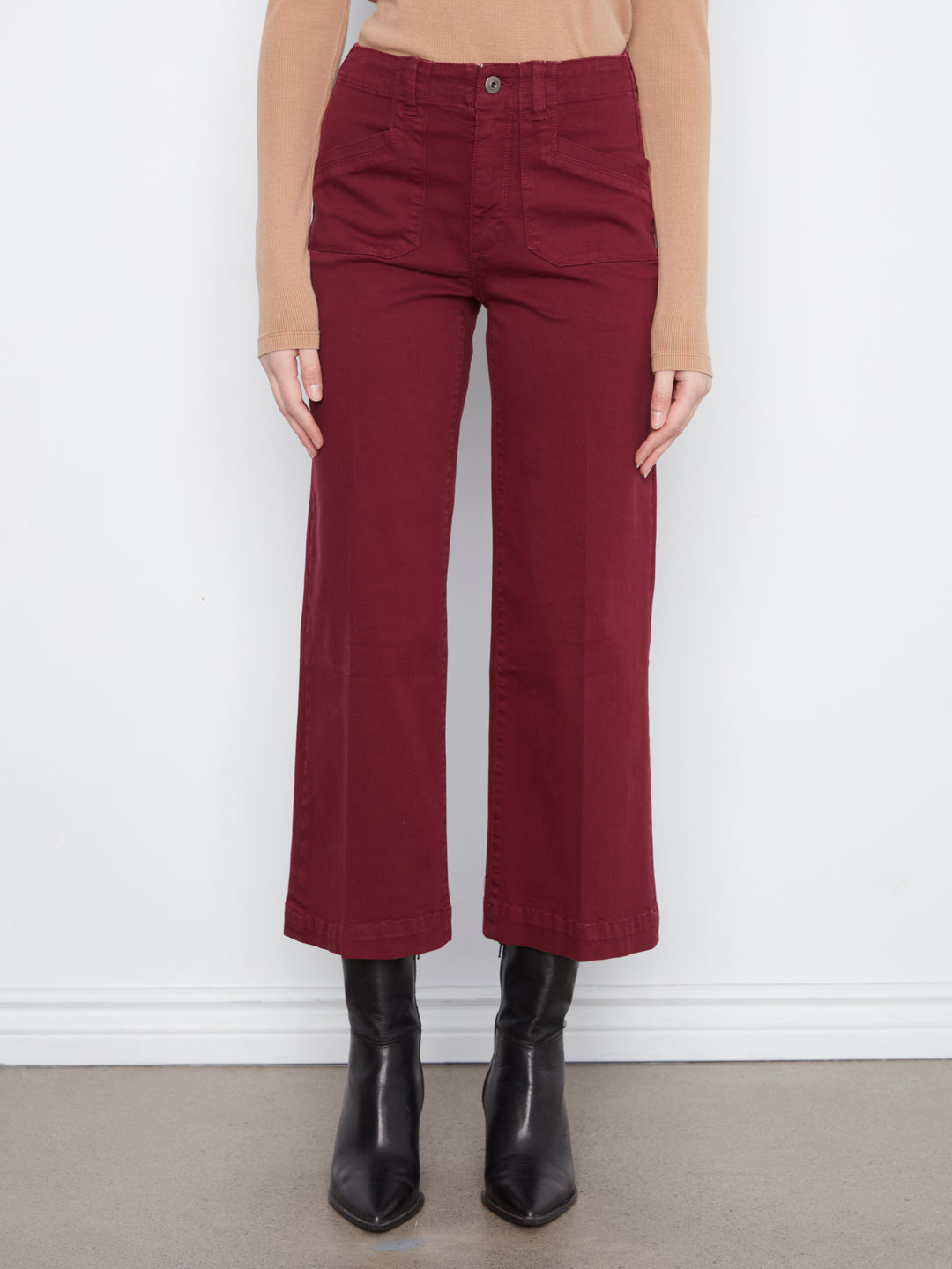 Cropped Wide Leg Colored Twill Pants With Patch Pockets