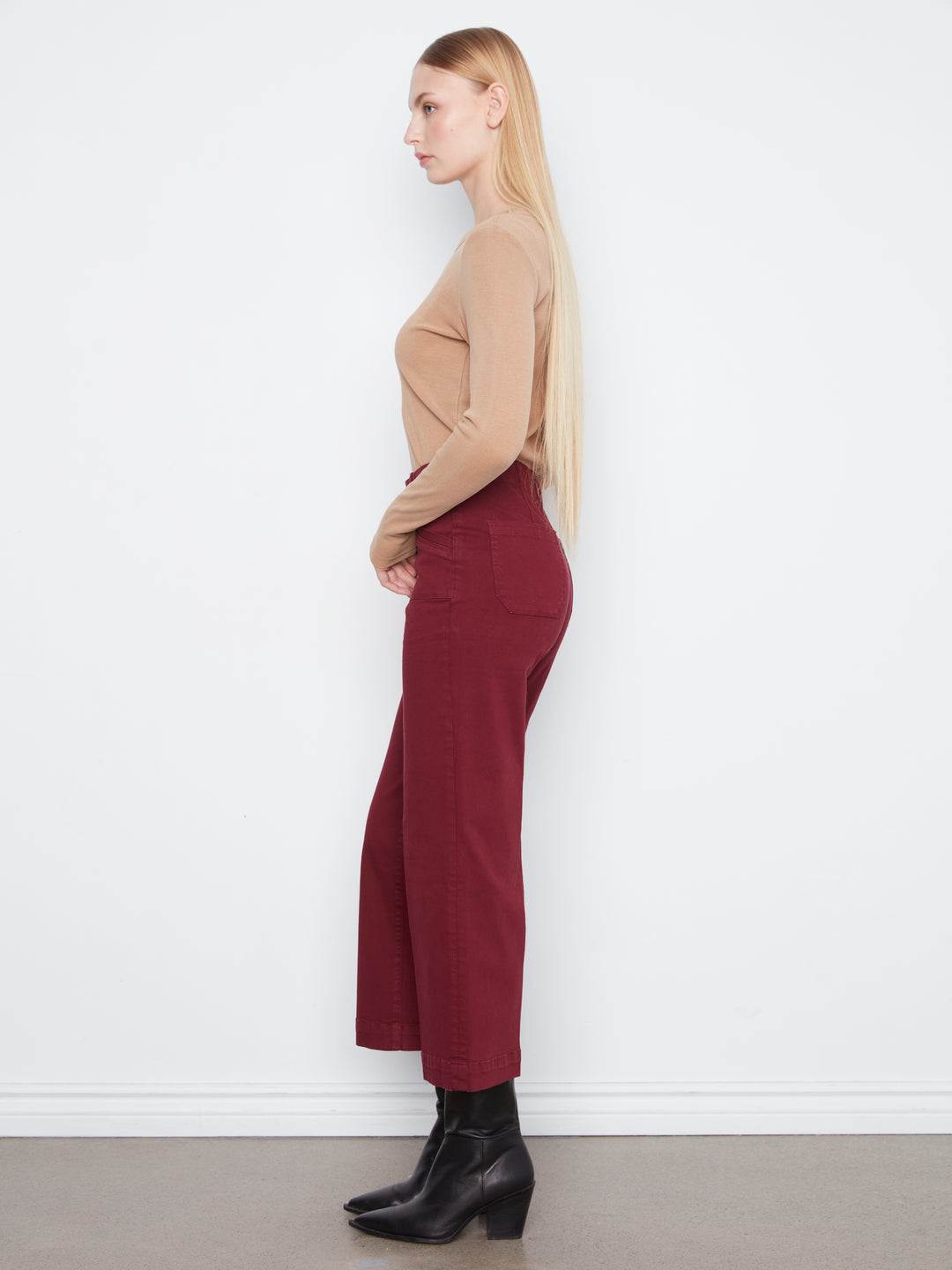 Cropped Wide Leg Colored Twill Pants With Patch Pockets