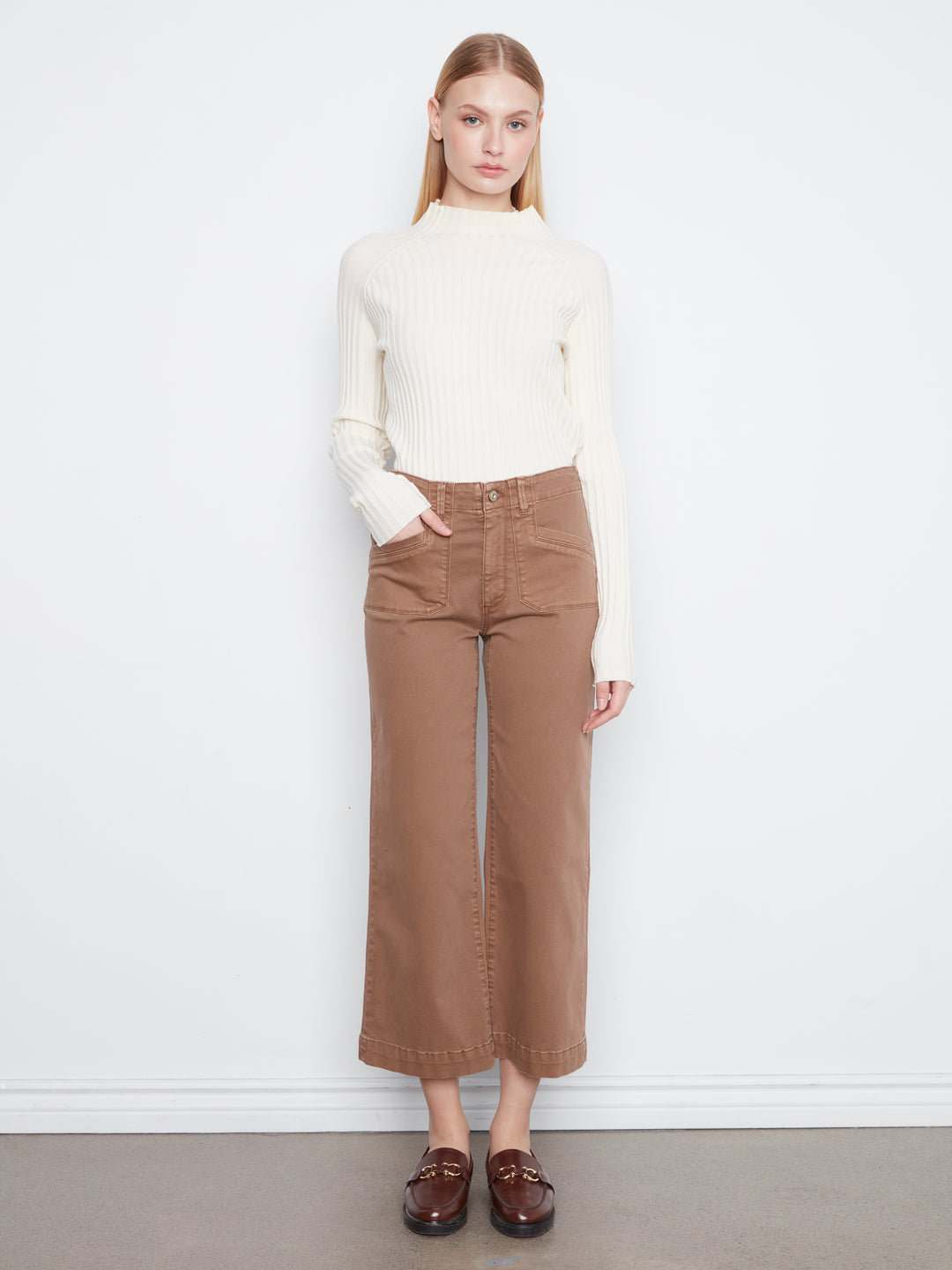 Cropped Wide Leg Colored Twill Pants With Patch Pockets