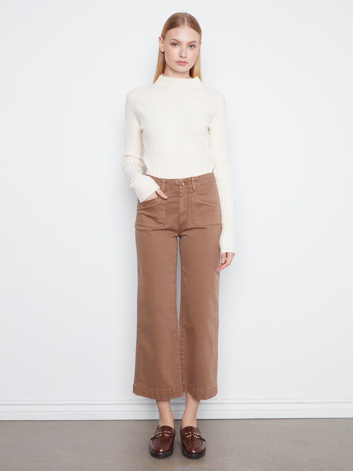 Cropped Wide Leg Colored Twill Pants With Patch Pockets