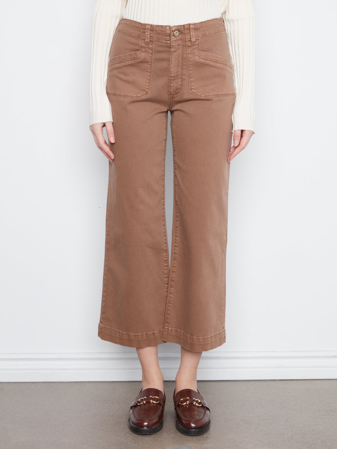 Cropped Wide Leg Colored Twill Pants With Patch Pockets
