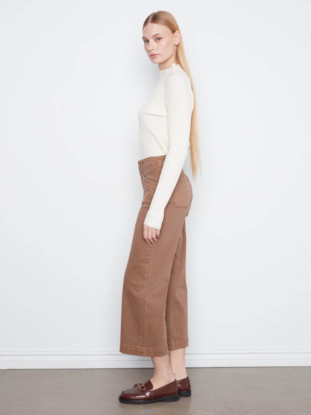 Cropped Wide Leg Colored Twill Pants With Patch Pockets