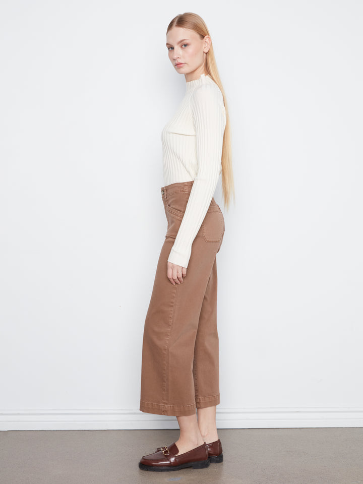Cropped Wide Leg Colored Twill Pants With Patch Pockets