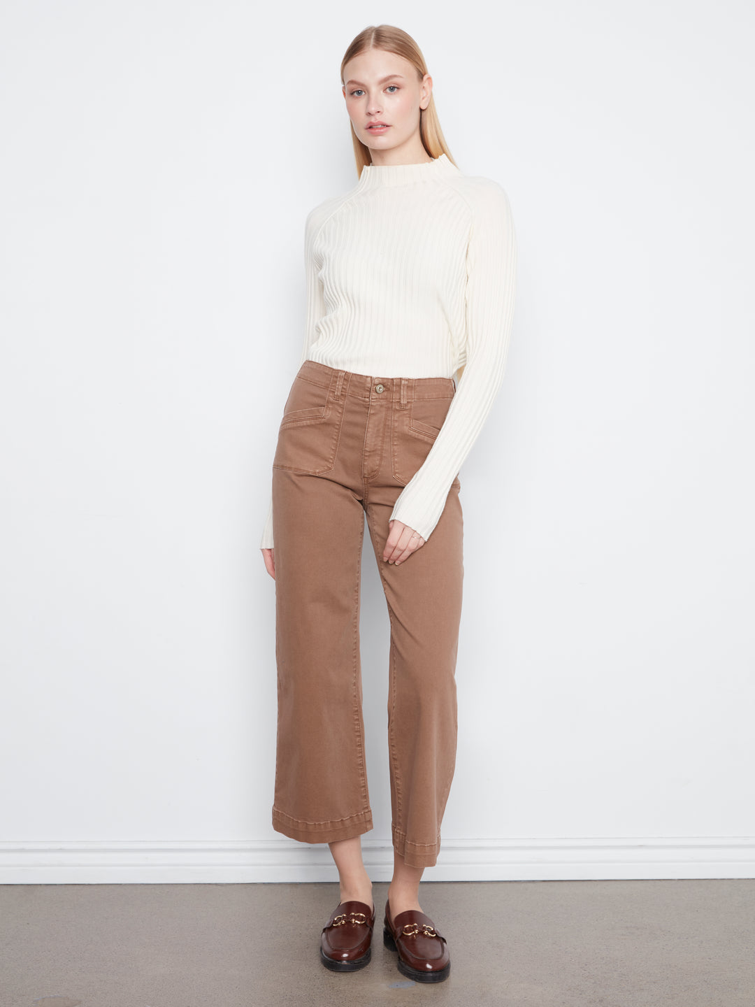 Cropped Wide Leg Colored Twill Pants With Patch Pockets