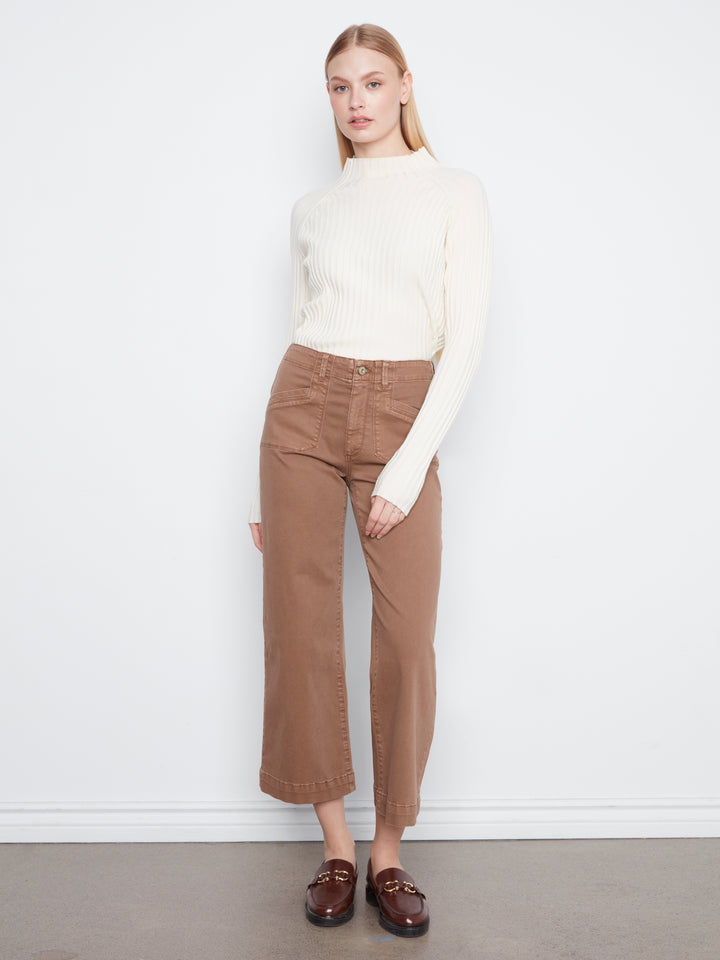 Cropped Wide Leg Colored Twill Pants With Patch Pockets